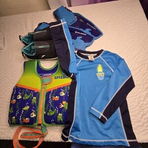 Kids Swim Gear Bundle Speedo Vest Shoes Rash Guard US Divers Fins